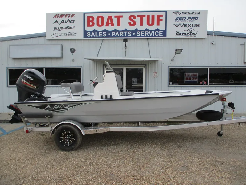 Slide: The Image of 2024 Avid 18 Rogue CC boat on trailer at dealership. - 0