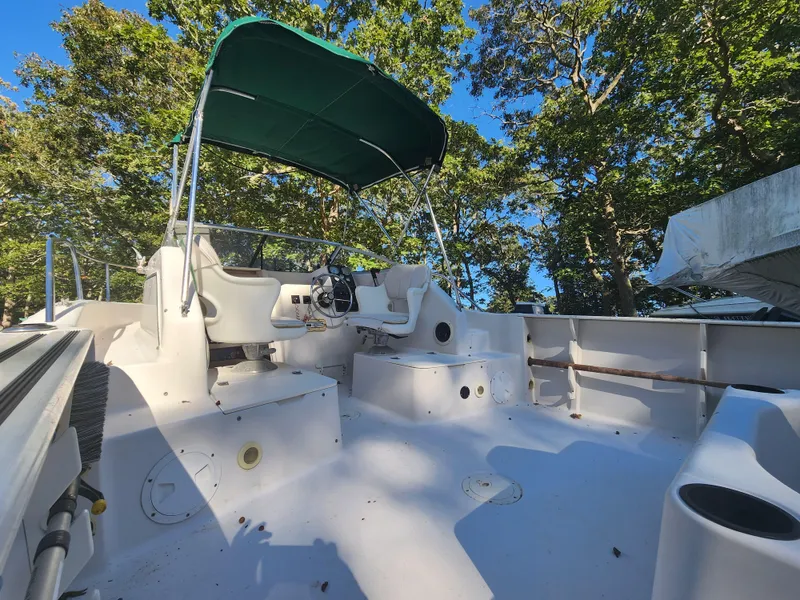 Slide: The Image of 1997 Pro-Line 201 Walkaround boat with canopy, surrounded by trees. - 2