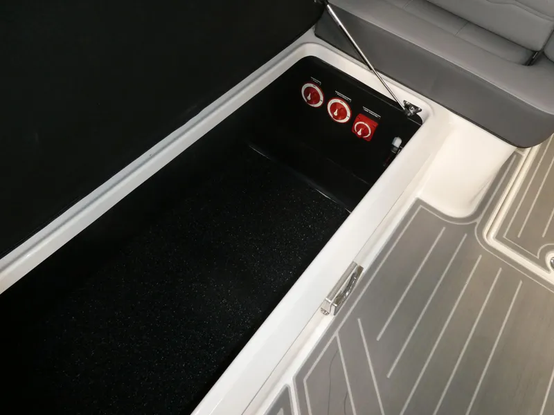 Slide: The Image of 2024 Regal LX9 boat storage compartment with control switches. - 33