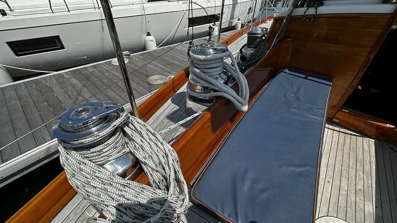 Slide: The Image of Deck of 2004 Lyman-Morse Sparkman & Stephens Sloop with winches and ropes. - 14