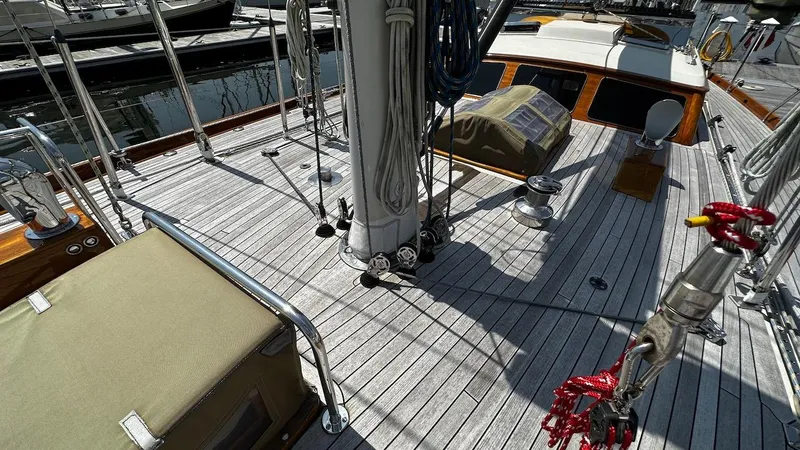 Slide: The Image of Deck of 2004 Lyman-Morse Sparkman & Stephens Sloop with mast and rigging. - 25