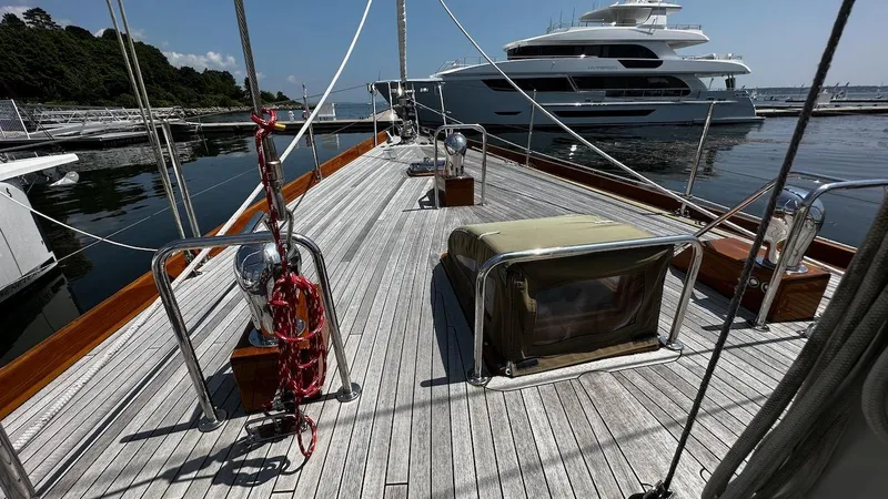 Slide: The Image of Deck of 2004 Lyman-Morse Sparkman & Stephens Sloop yacht docked at marina. - 29