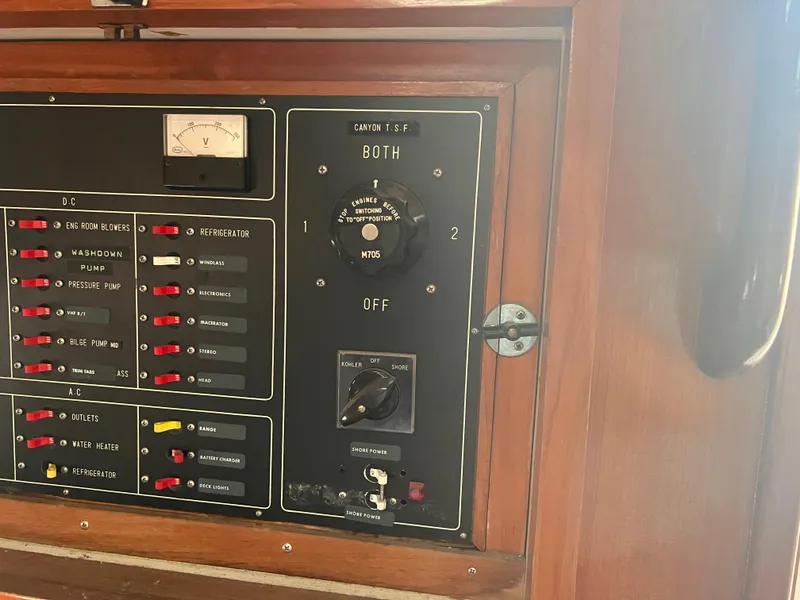 Slide: The Image of Electrical control panel on a 1988 Canyon Bay 40 boat, featuring switches and gauges. - 37