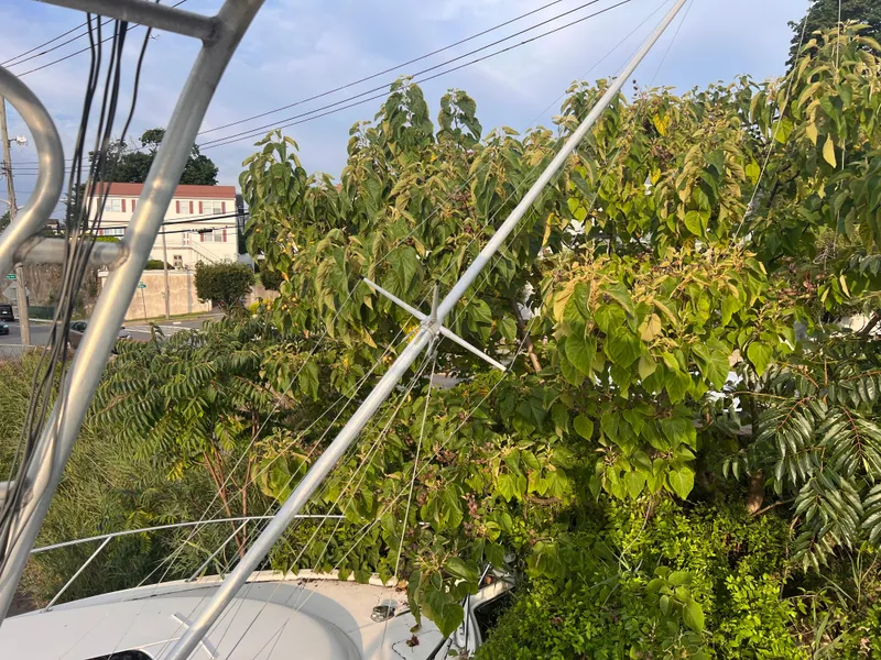 Slide: The Image of Canyon Bay 40 boat from 1988 surrounded by lush green trees and power lines. - 49