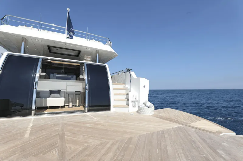 Slide: The Image of Luxury Ocean Alexander 32E yacht, 2023 model, with open deck and ocean view. - 15