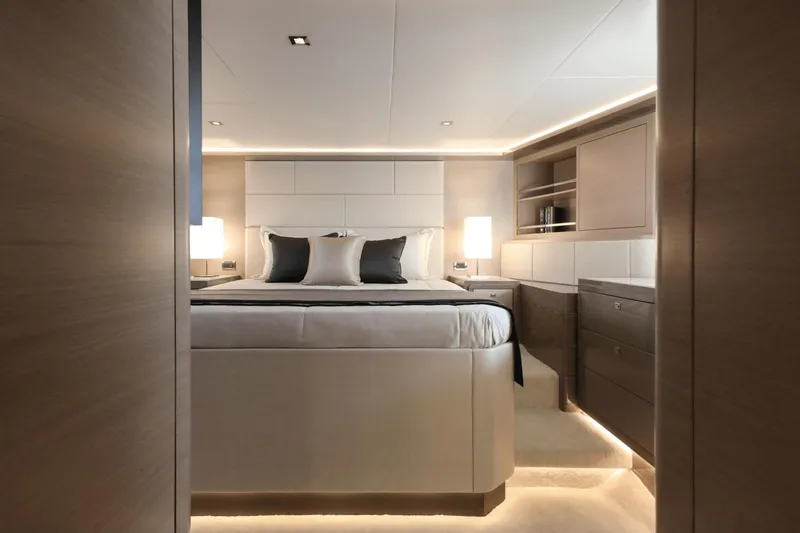 Slide: The Image of Luxurious bedroom interior of 2023 Ocean Alexander 32E yacht with modern design. - 24