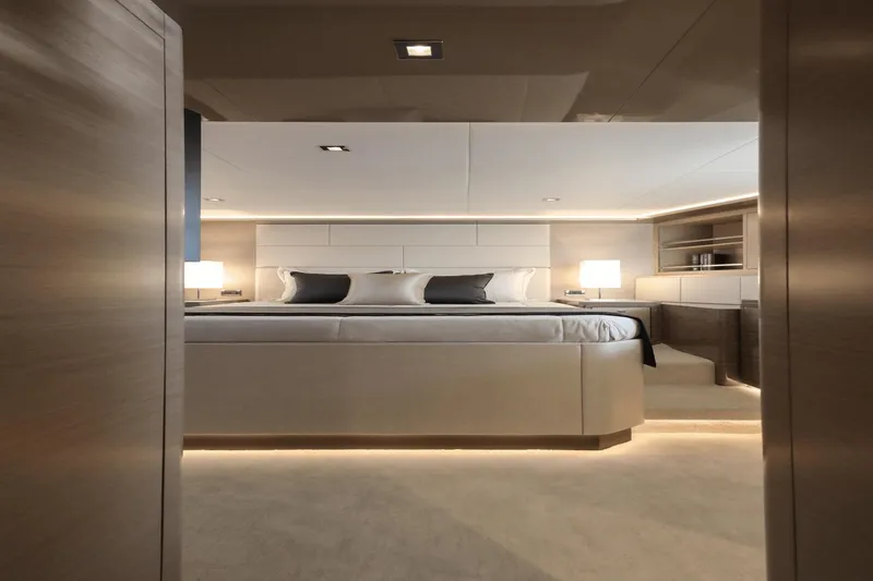 Slide: The Image of Luxurious bedroom interior of 2023 Ocean Alexander 32E yacht with modern design. - 27