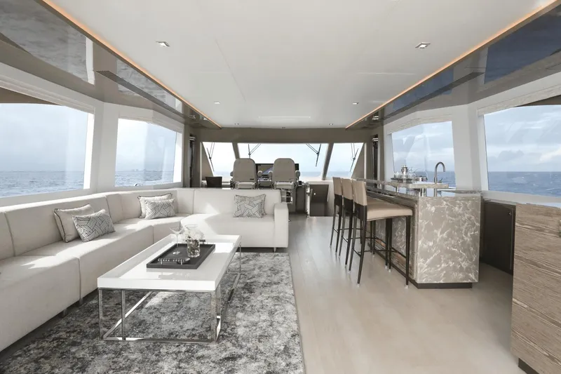 Slide: The Image of Luxurious interior of 2023 Ocean Alexander 32E yacht with modern furnishings and ocean view. - 29