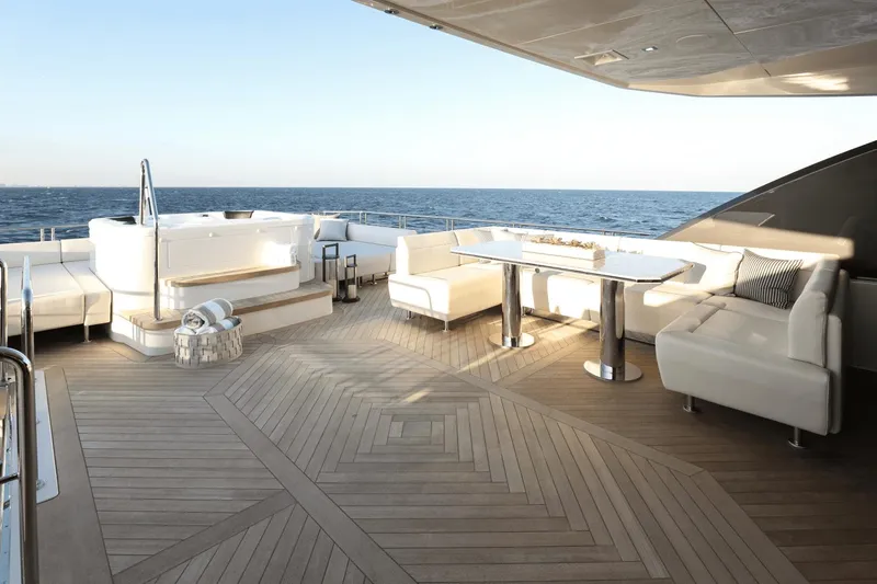 Slide: The Image of Luxury deck of 2023 Ocean Alexander 32E yacht with seating and ocean view. - 37