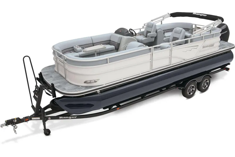 Slide: The Image of 2024 Ranger Reata 243C pontoon boat on trailer, side view. - 8