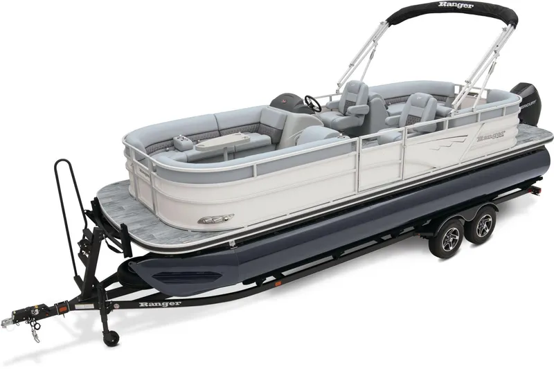 Slide: The Image of 2024 Ranger Reata 243C pontoon boat on a trailer. - 9