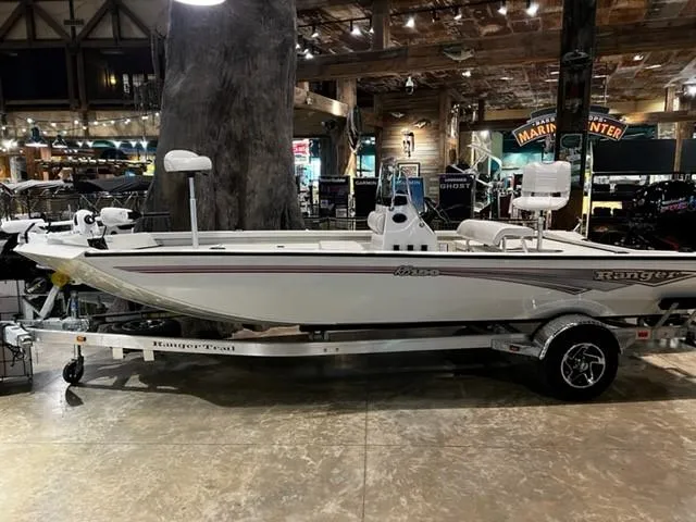The Image of 2024 Ranger RB190 boat on display in a showroom, featuring sleek design and modern features. - 0