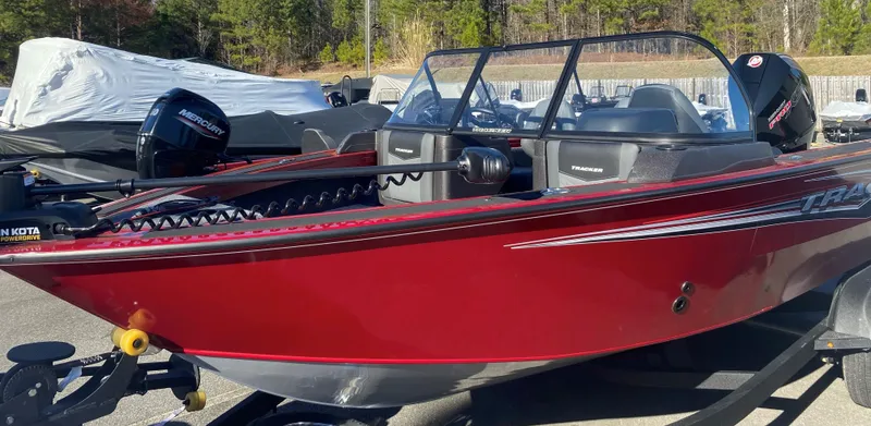 The Image of 2024 Tracker Targa V-19 WT fishing boat in red on a trailer. - 0