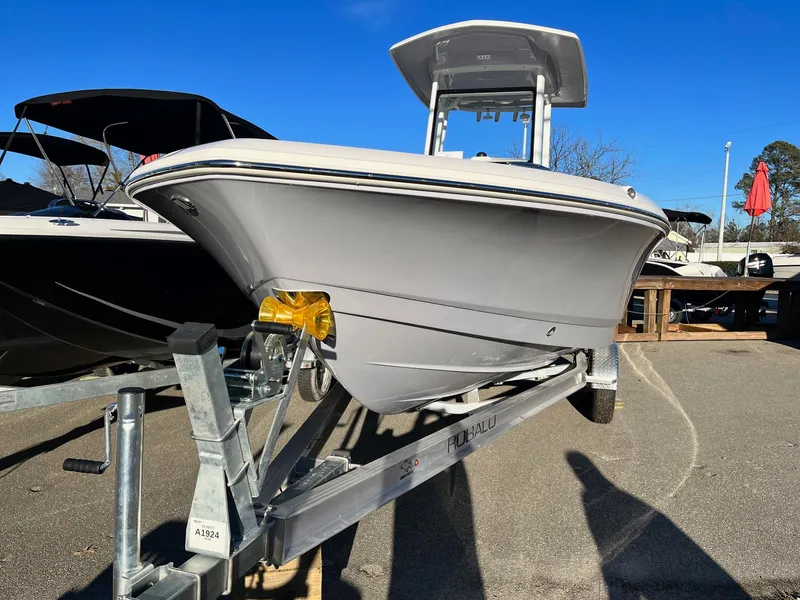 Slide: The Image of 2024 Robalo 246 Cayman boat on a trailer in a marina. - 3