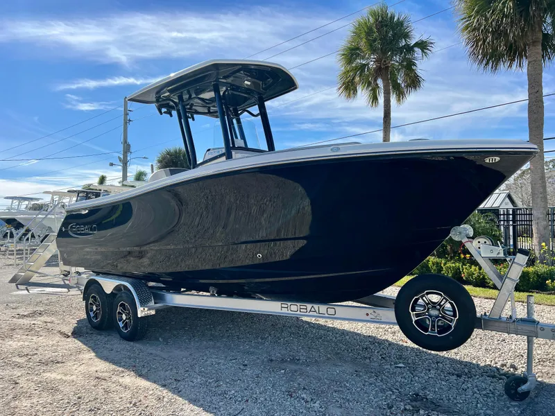 Slide: The Image of 2024 Robalo R230 boat on trailer under clear blue sky. - 7