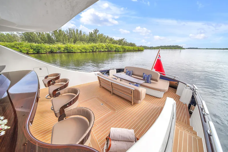 Slide: The Image of Luxury deck of 2023 Zeelander 72 yacht with seating and scenic water view. - 42