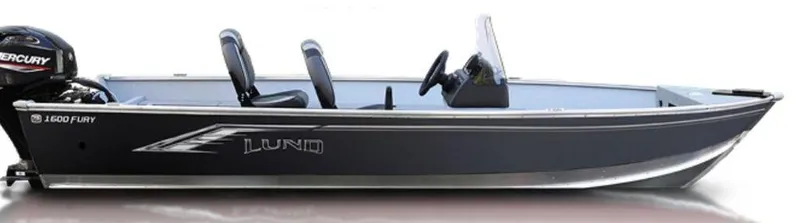Slide: The Image of 2024 Lund Fury 1600 SS fishing boat, side view, black exterior, Mercury outboard motor. - 7