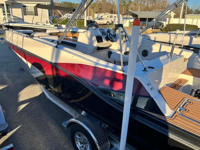 Slide: The Image of 2024 Starcraft SVX 191 boat with red and black exterior, parked on a trailer. - 2