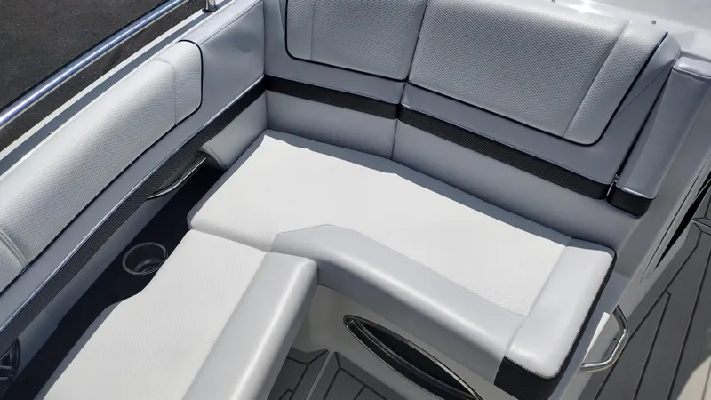 Slide: The Image of 2026 Formula 330 CBR boat interior with sleek, modern seating design. - 33
