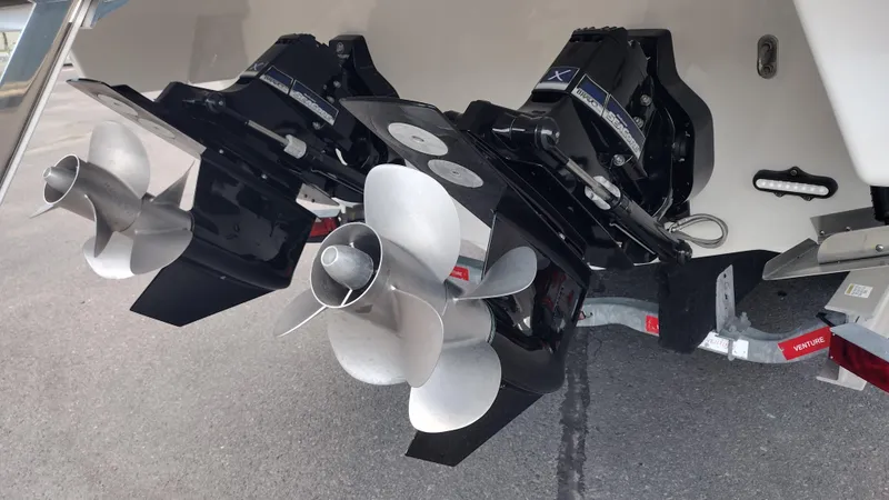 Slide: The Image of 2026 Formula 330 CBR boat propellers and outdrives on a trailer. - 9