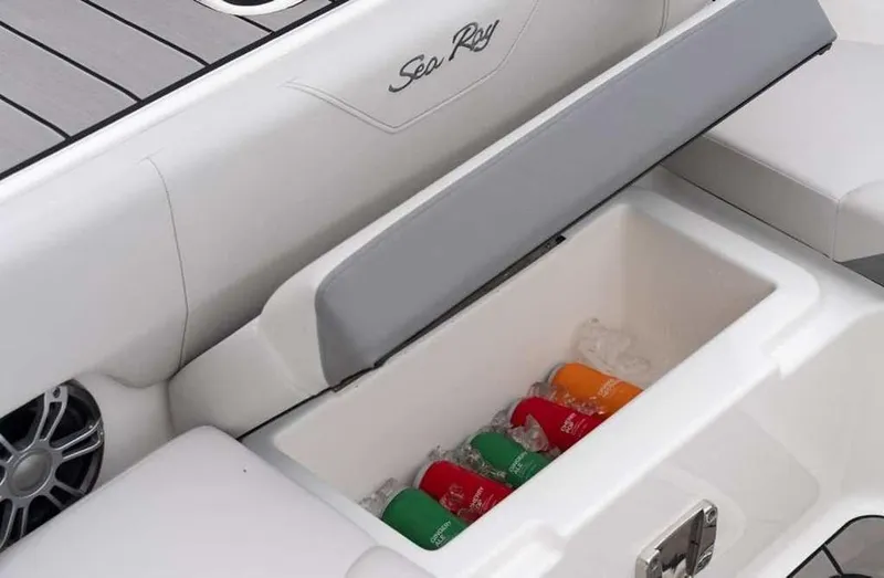 Slide: The Image of Sea Ray SDX 290 2024 boat with built-in cooler and drinks. - 3