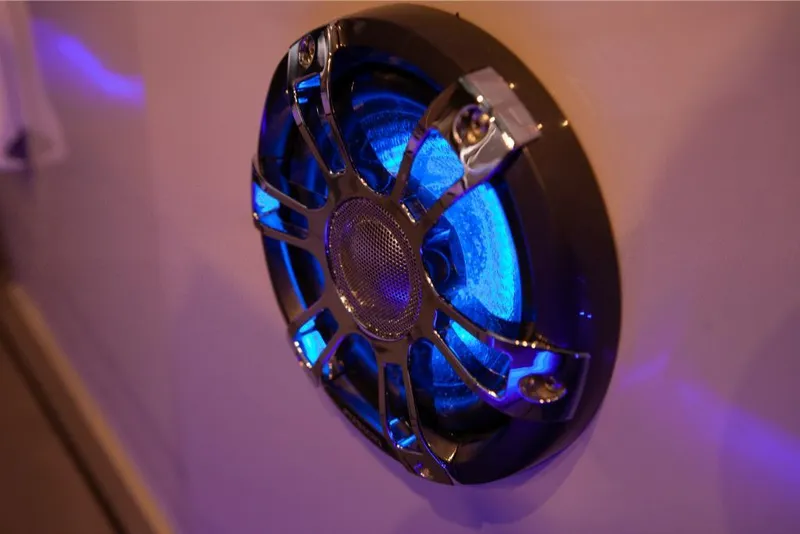 Slide: The Image of Close-up of illuminated speaker on 2024 Saxdor 320 GTO boat. - 34