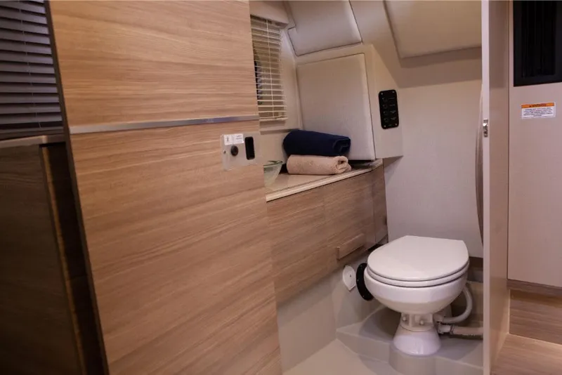 Slide: The Image of Modern bathroom interior of 2024 Saxdor 320 GTO boat with wooden finishes. - 40