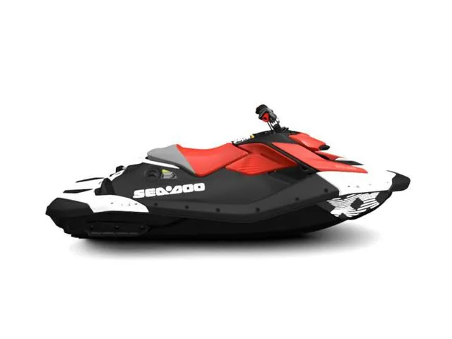 The Image of 2024 Sea-Doo Spark Trixx jet ski, red and black design, side view. - 1