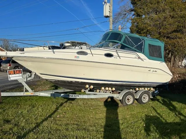 Slide: The Image of 1997 Sea Ray Sundancer boat on trailer, for sale, green canopy, parked on grass. - 15
