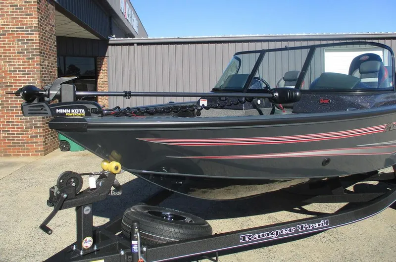 Slide: The Image of 2024 Ranger VS1682SC Angler boat on trailer outside a building. - 10