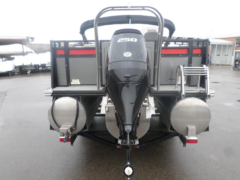Slide: The Image of 2024 Angler Quest 8524 Family Fish LTZ pontoon boat with powerful 250 engine, rear view. - 8