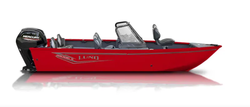 Slide: The Image of 2025 Lund 1650 Rebel XL Sport boat, red exterior, side view, with Mercury engine. - 1