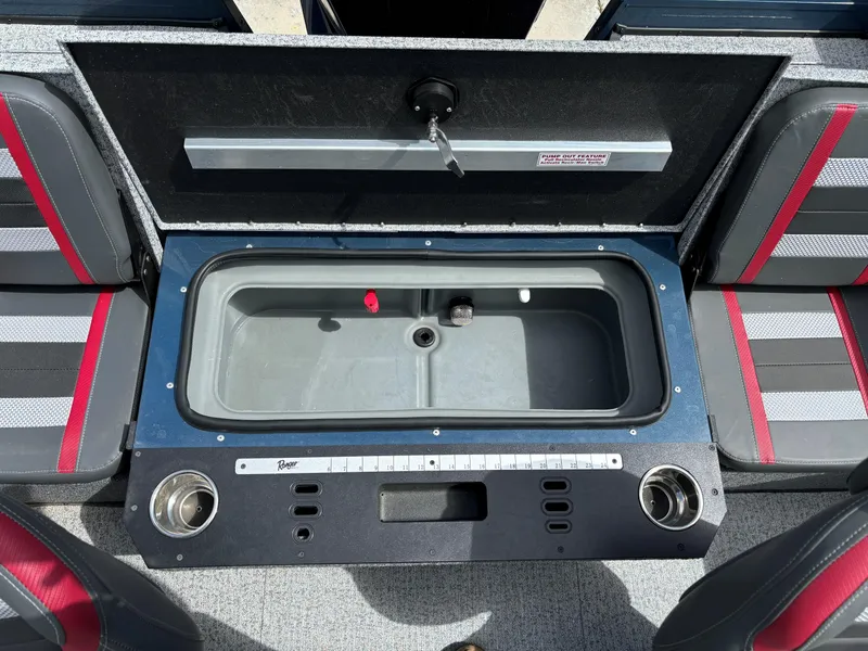 Slide: The Image of 2024 Ranger VX1788 WT boat livewell with measuring ruler and cup holders. - 4