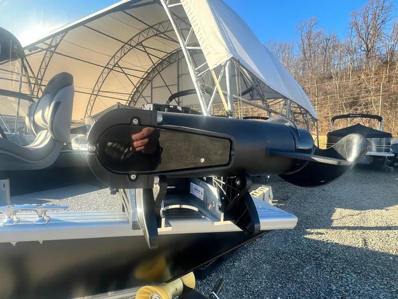 Slide: The Image of 2024 Starweld 18 Fusion boat propeller and motor detail under a canopy. - 16
