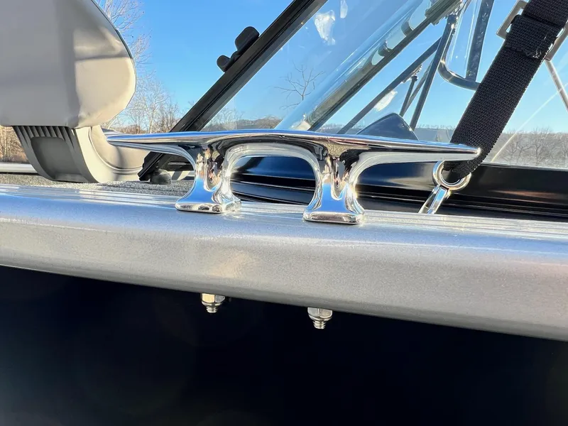 Slide: The Image of Close-up of 2024 Starweld 18 Fusion boat cleat and windshield. - 20