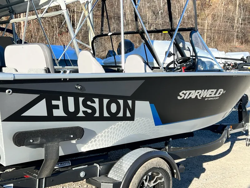 Slide: The Image of 2024 Starweld 18 Fusion boat on a trailer, side view. - 30