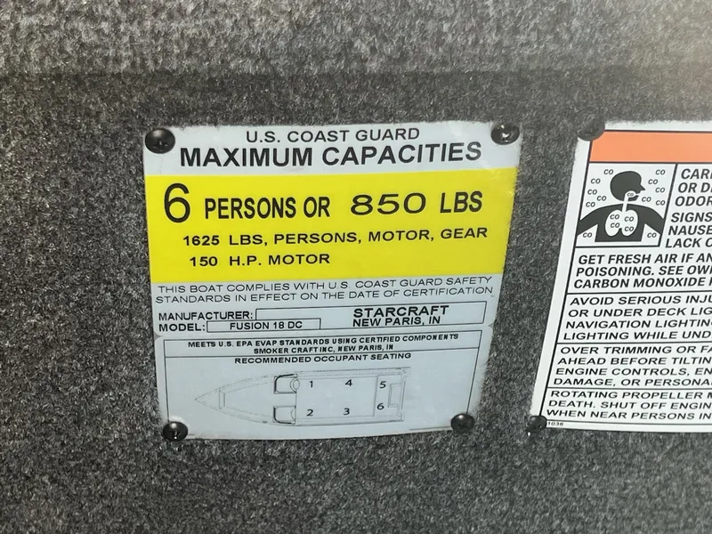 Slide: The Image of 2024 Starweld 18 Fusion boat capacity label, 6 persons or 850 lbs, 150 HP motor. - 32
