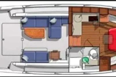 Slide: The Image of 2017 Back Cove 37 yacht interior layout with seating, kitchen, and sleeping area. - 106