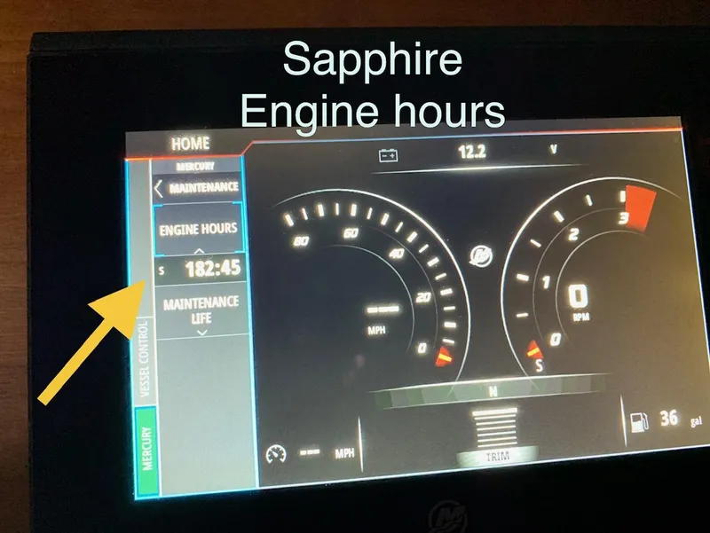 Slide: The Image of 2017 Back Cove Downeast 37 engine hours display showing 182.45 hours. - 35