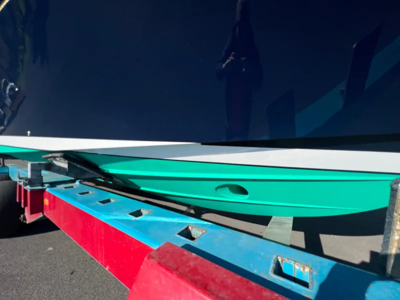 Slide: The Image of 2017 Back Cove Downeast 37 boat hull on a trailer. - 5