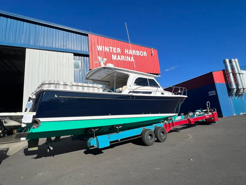Slide: The Image of 2017 Back Cove Downeast 37 boat at Winter Harbor Marina on a trailer. - 6