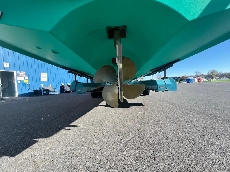 Slide: The Image of 2017 Back Cove Downeast 37 boat propeller and hull on dry dock. - 9