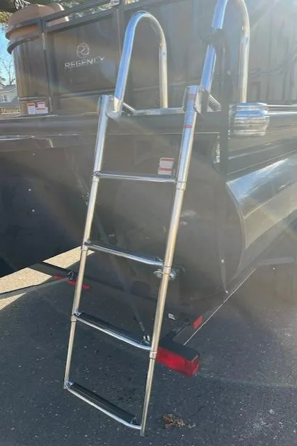 Slide: The Image of 2024 Regency 230 LE3 boat with a stainless steel boarding ladder. - 29