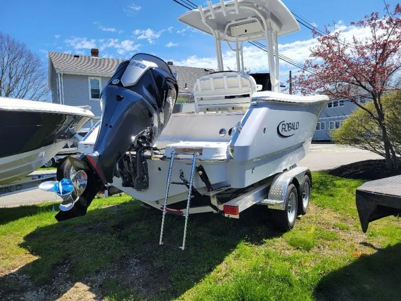 Slide: The Image of 2024 Robalo R232EX boat on trailer, rear view with outboard motor. - 5