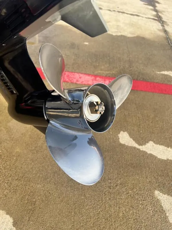 Slide: The Image of Close-up of a 2017 G3 Sportsman 19 boat propeller on a concrete surface. - 15