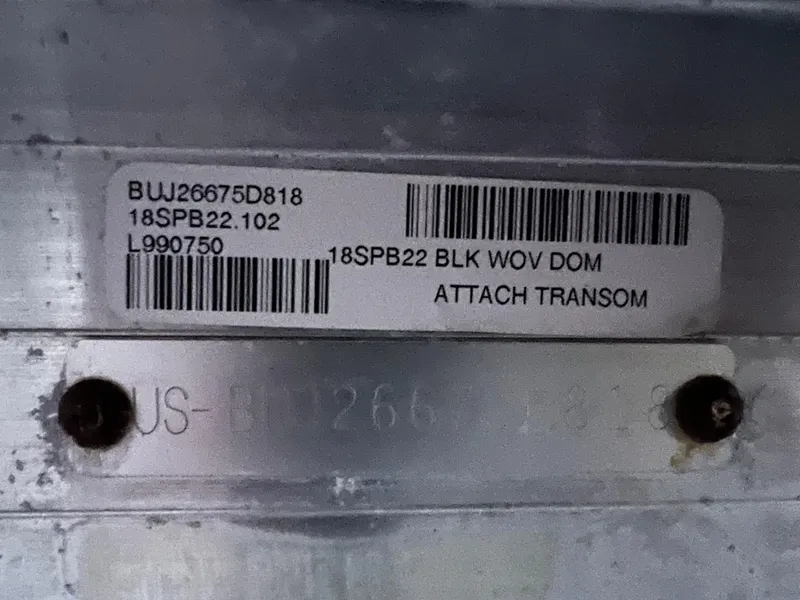 Slide: The Image of 2018 Sun Tracker Party Barge 22 DLX transom attachment label and serial number plate. - 14