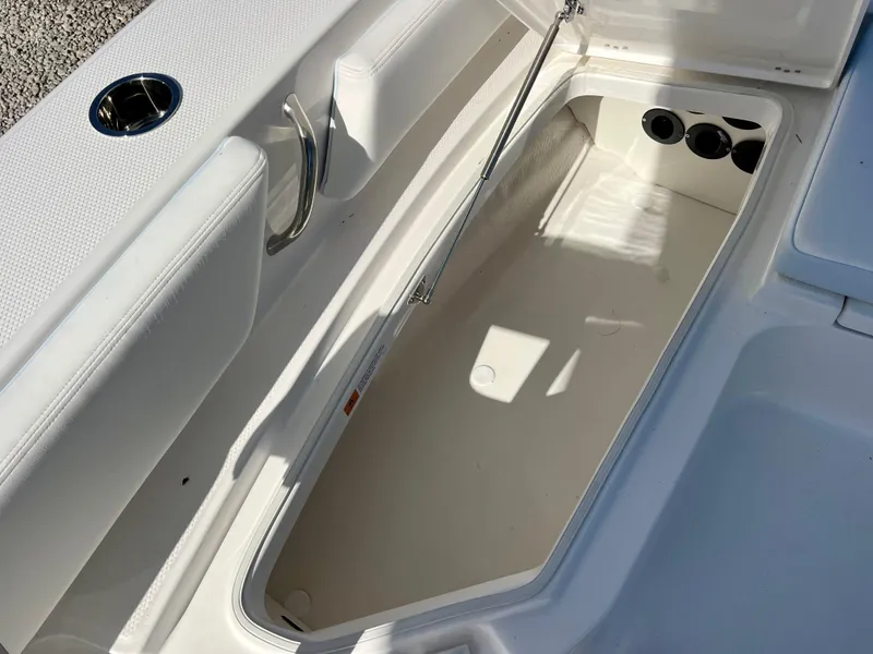 Slide: The Image of Open storage compartment on a 2024 Robalo 246 Cayman boat. - 39