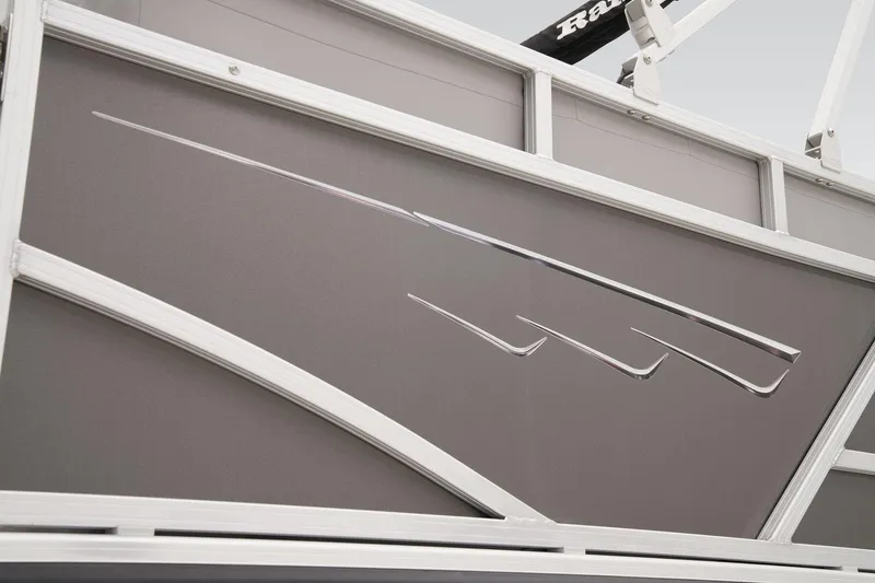 Slide: The Image of 2024 Ranger Reata 223C pontoon boat on trailer with canopy. - 11