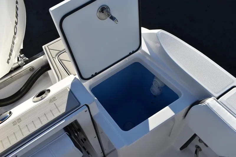 Slide: The Image of 2024 Blackfin 252DC boat with open storage compartment and sleek design. - 17