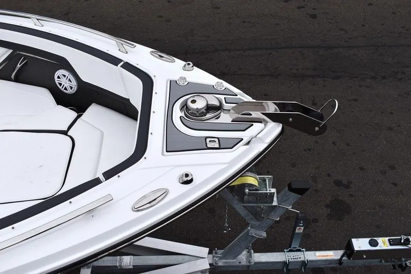 Slide: The Image of 2024 Monterey 275SS boat bow on trailer, close-up view. - 15